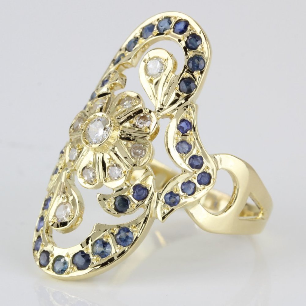 18k Yellow Gold Diamond & Blue Sapphire Flower Floral Anniversary Statement Ring - Picture 3 of 8